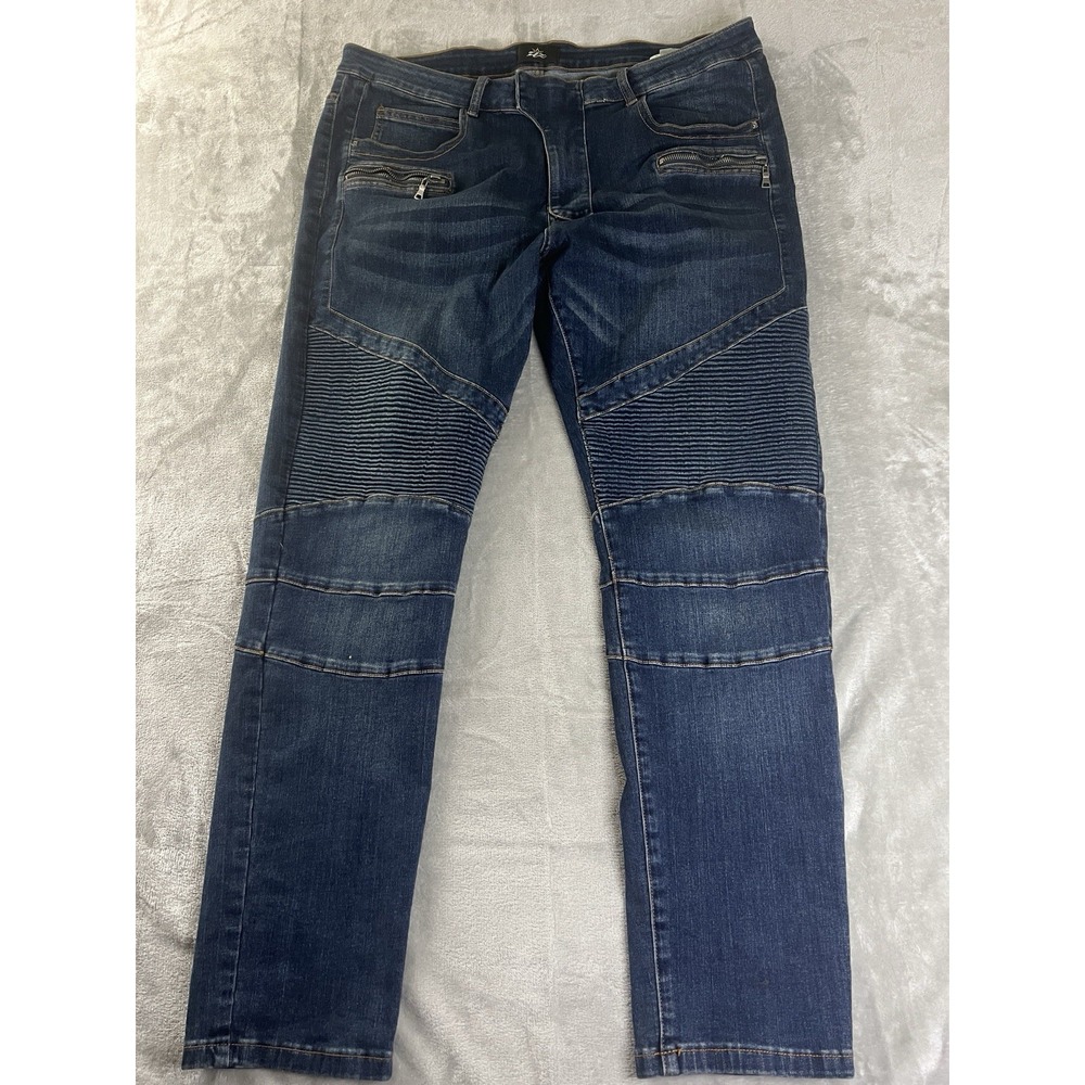 ZLZ Denim Men's Moto Biker Jeans 40W Dark Wash Ribbed Distressed Stretch Denim